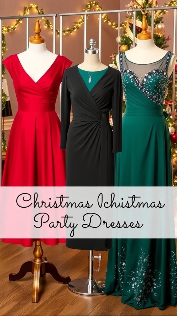 A display of elegant Christmas party dresses for women over 50 in festive colors and styles, surrounded by holiday decorations.